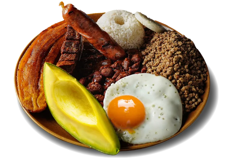 Plato colombiano con arroz, fríjoles, carnes, huevo y aguacate